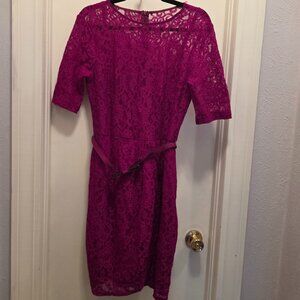 Gabby Skye Magenta Floral Lace Sheath Dress Size 10 Belted Cocktail
